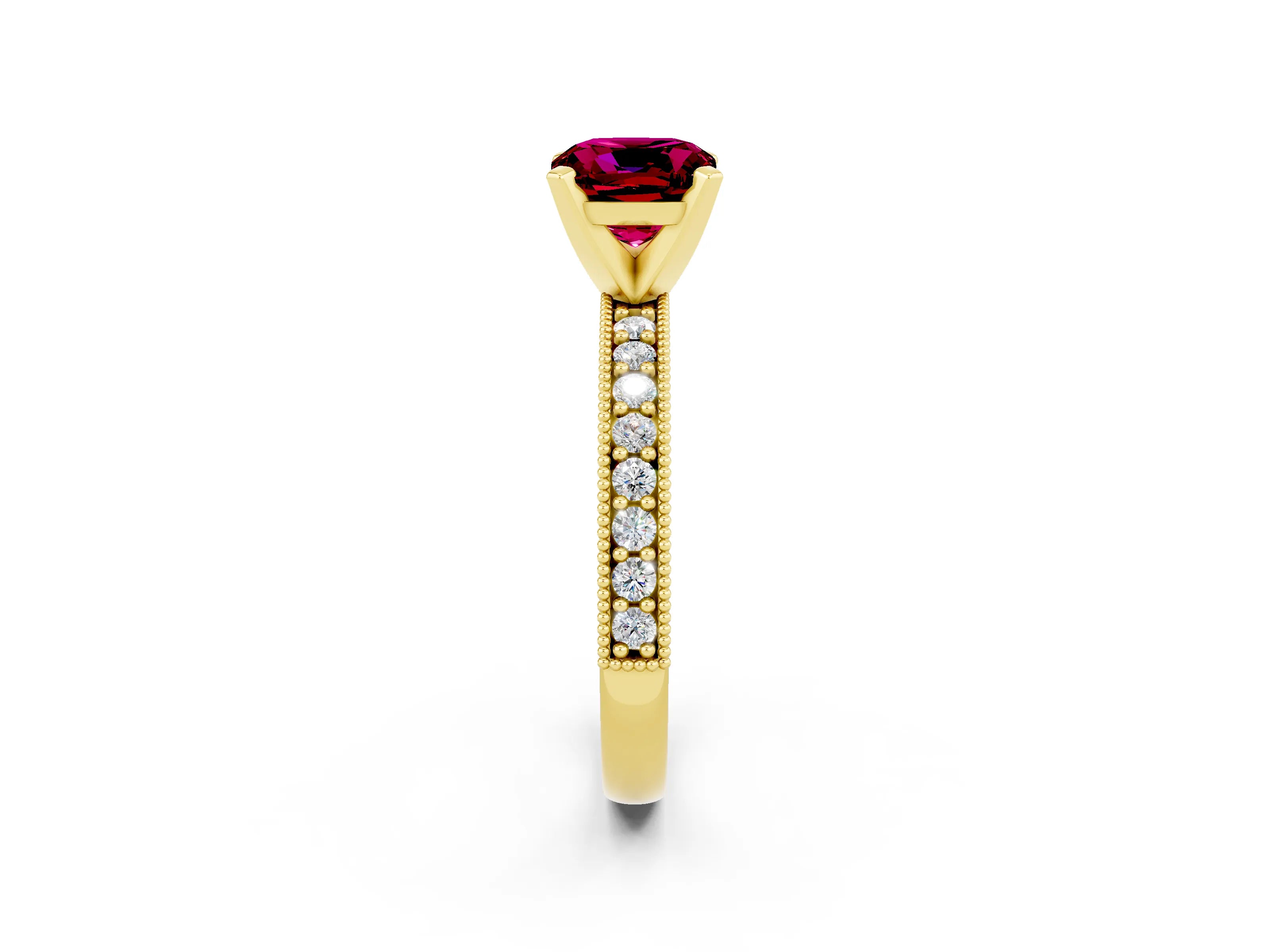 Yellow gold Cushion Cut Garnet Milgrain Pavé Engagement Ring with Four-Prong Setting_14
