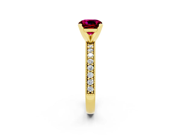 Yellow gold Cushion Cut Garnet Milgrain Pavé Engagement Ring with Four-Prong Setting