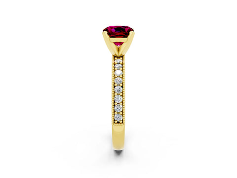Yellow gold Cushion Cut Garnet Milgrain Pavé Engagement Ring with Four-Prong Setting_14
