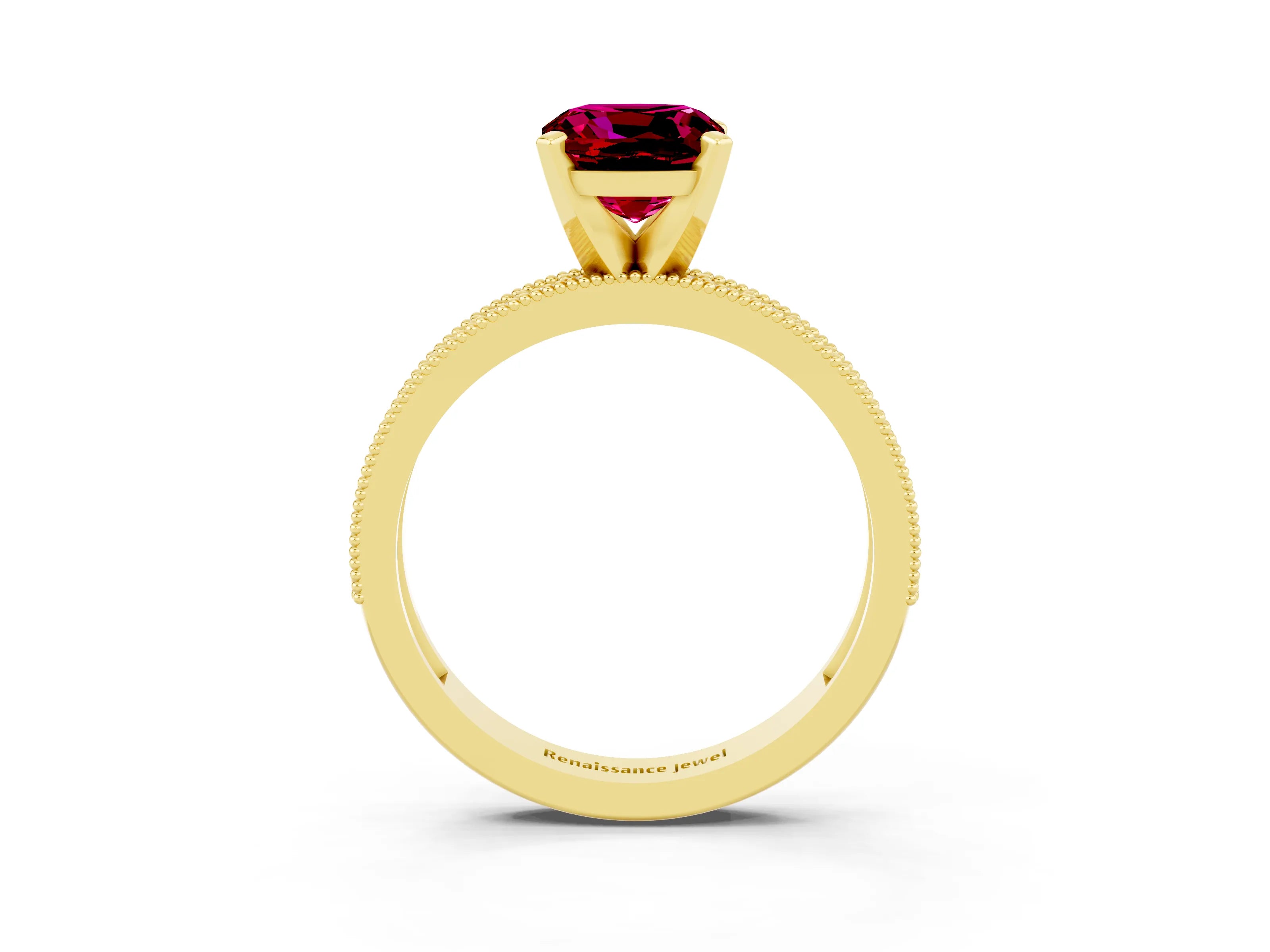 Yellow gold Cushion Cut Garnet Milgrain Pavé Engagement Ring with Four-Prong Setting_15