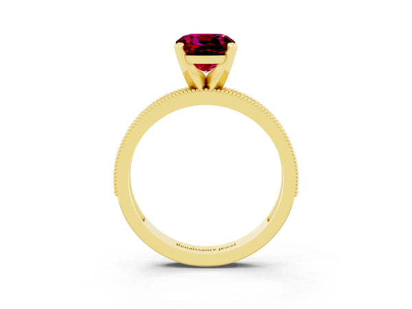 Yellow gold Cushion Cut Garnet Milgrain Pavé Engagement Ring with Four-Prong Setting