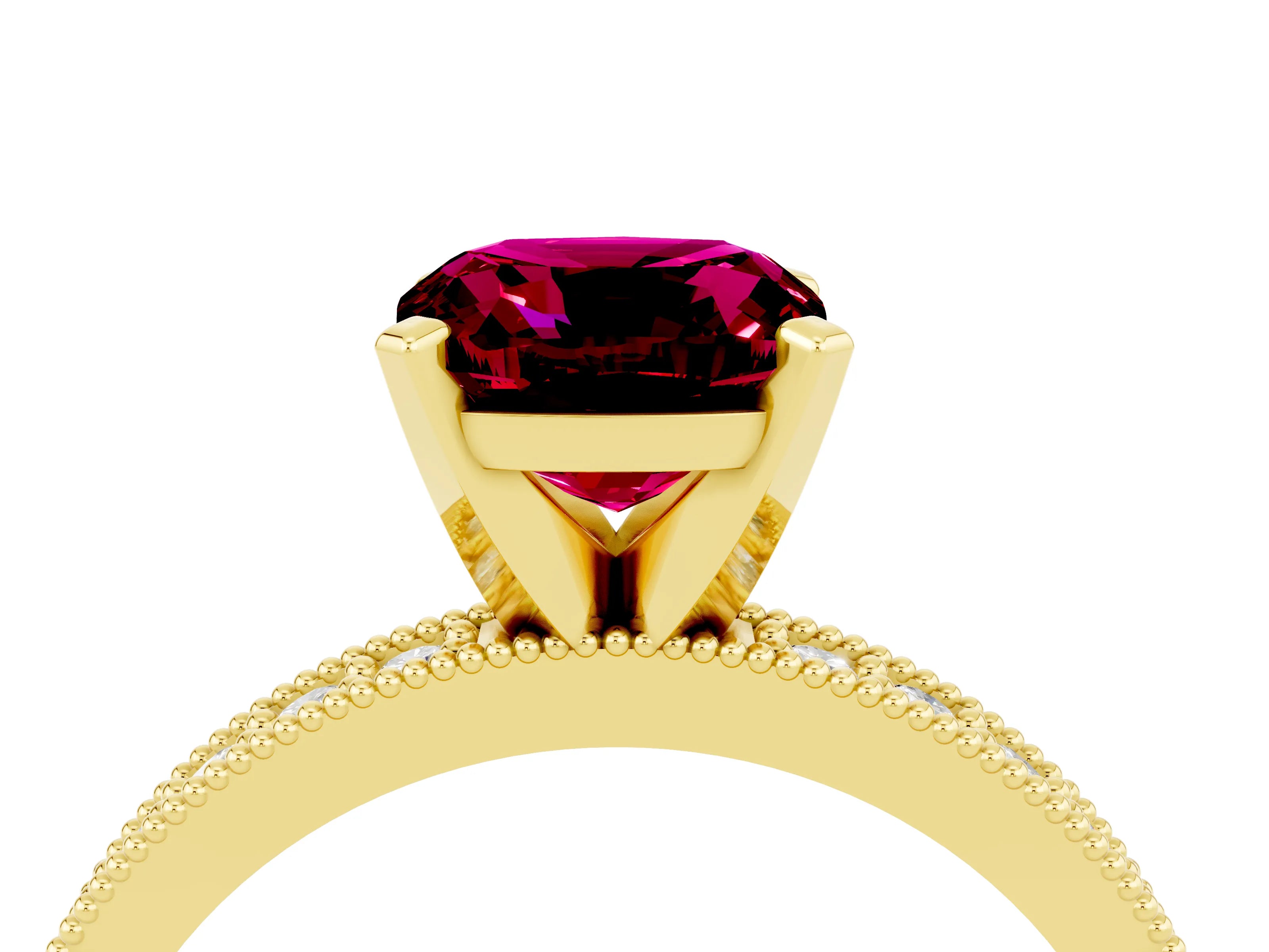 Yellow gold Cushion Cut Garnet Milgrain Pavé Engagement Ring with Four-Prong Setting_16