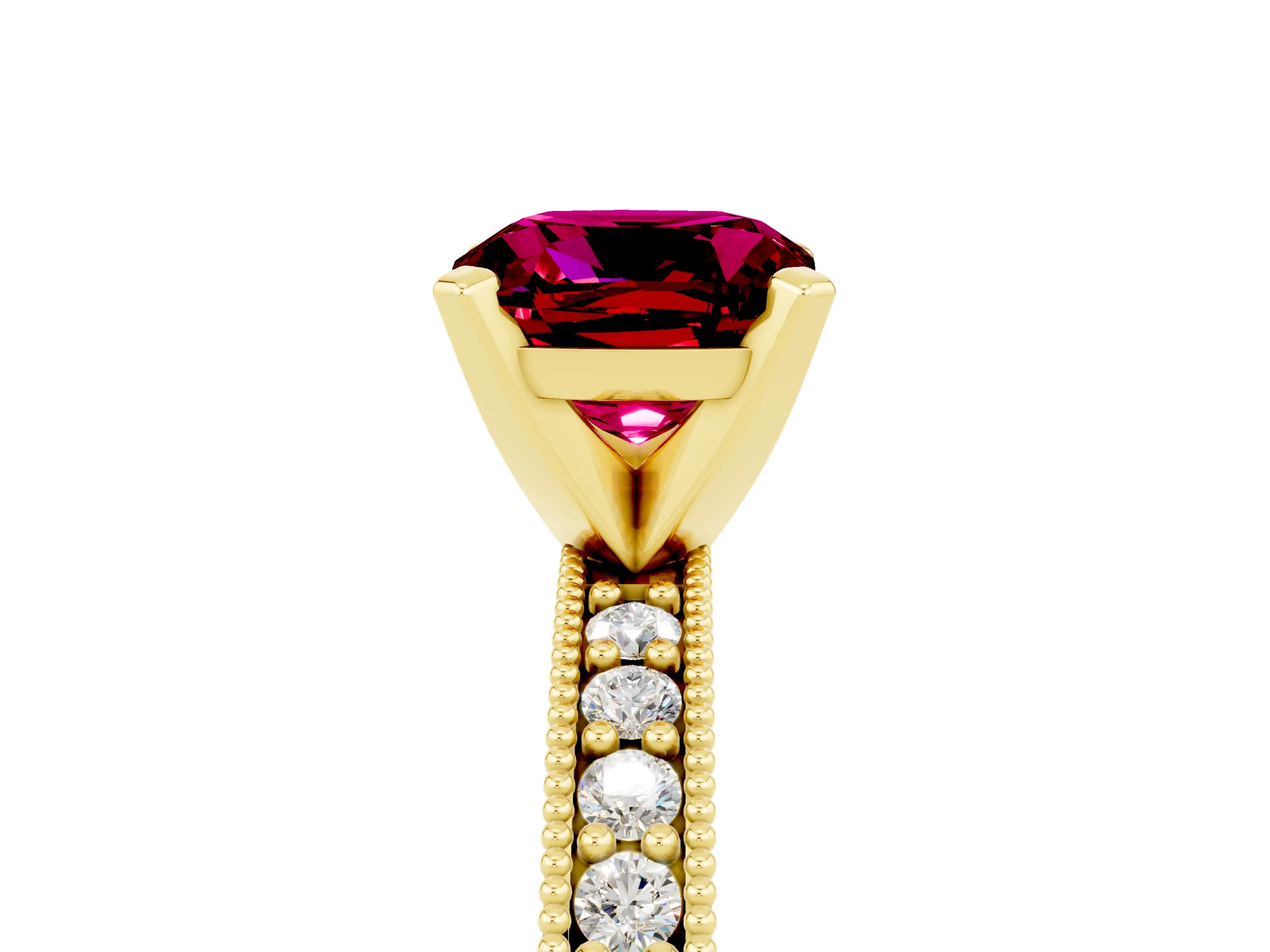 Yellow gold Cushion Cut Garnet Milgrain Pavé Engagement Ring with Four-Prong Setting_17