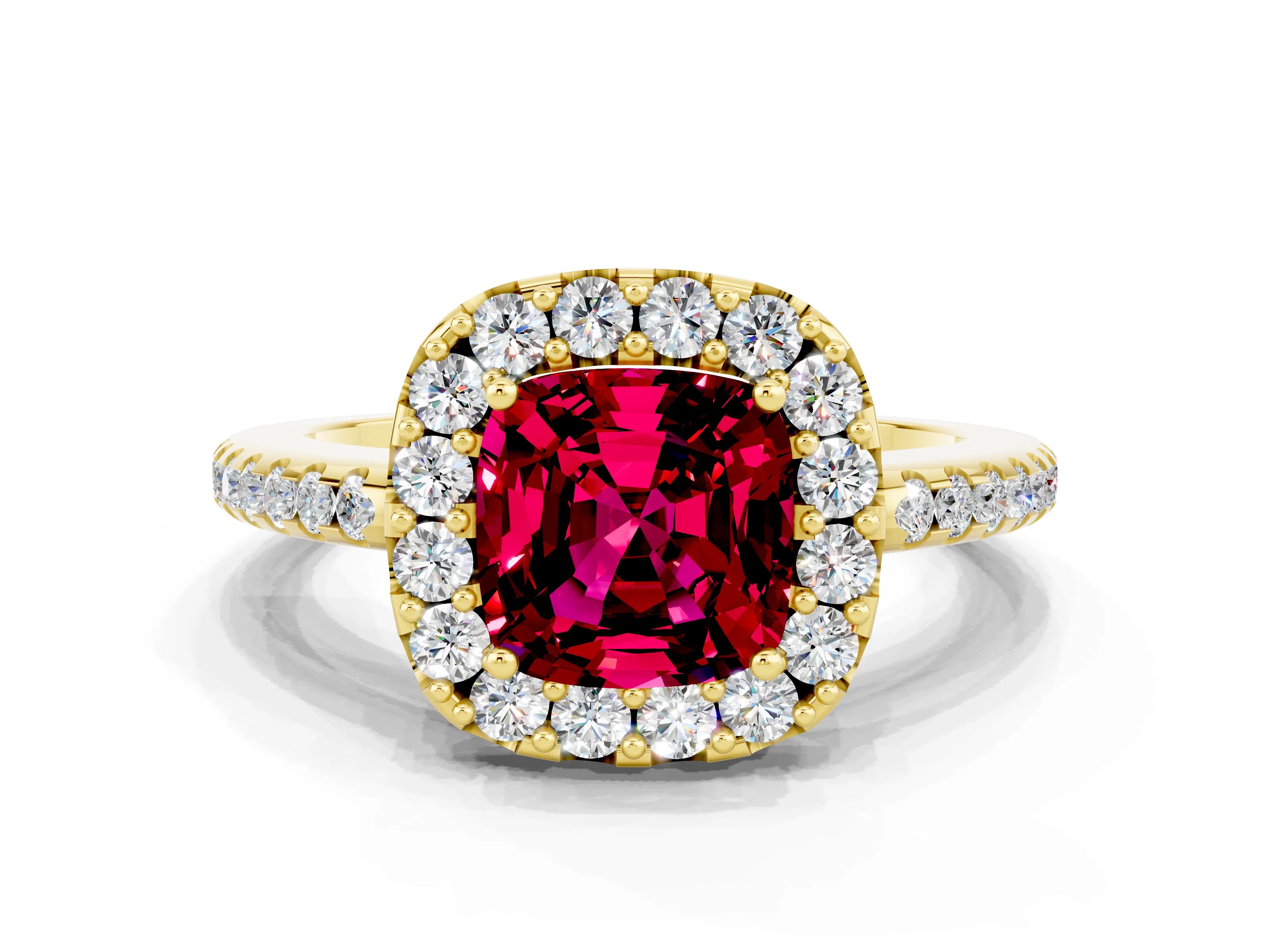 Yellow gold Cushion Cut Garnet Pavé Halo Ring with Four-Prong Setting_12