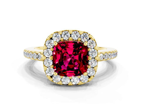 Yellow gold Cushion Cut Garnet Pavé Halo Ring with Four-Prong Setting_12