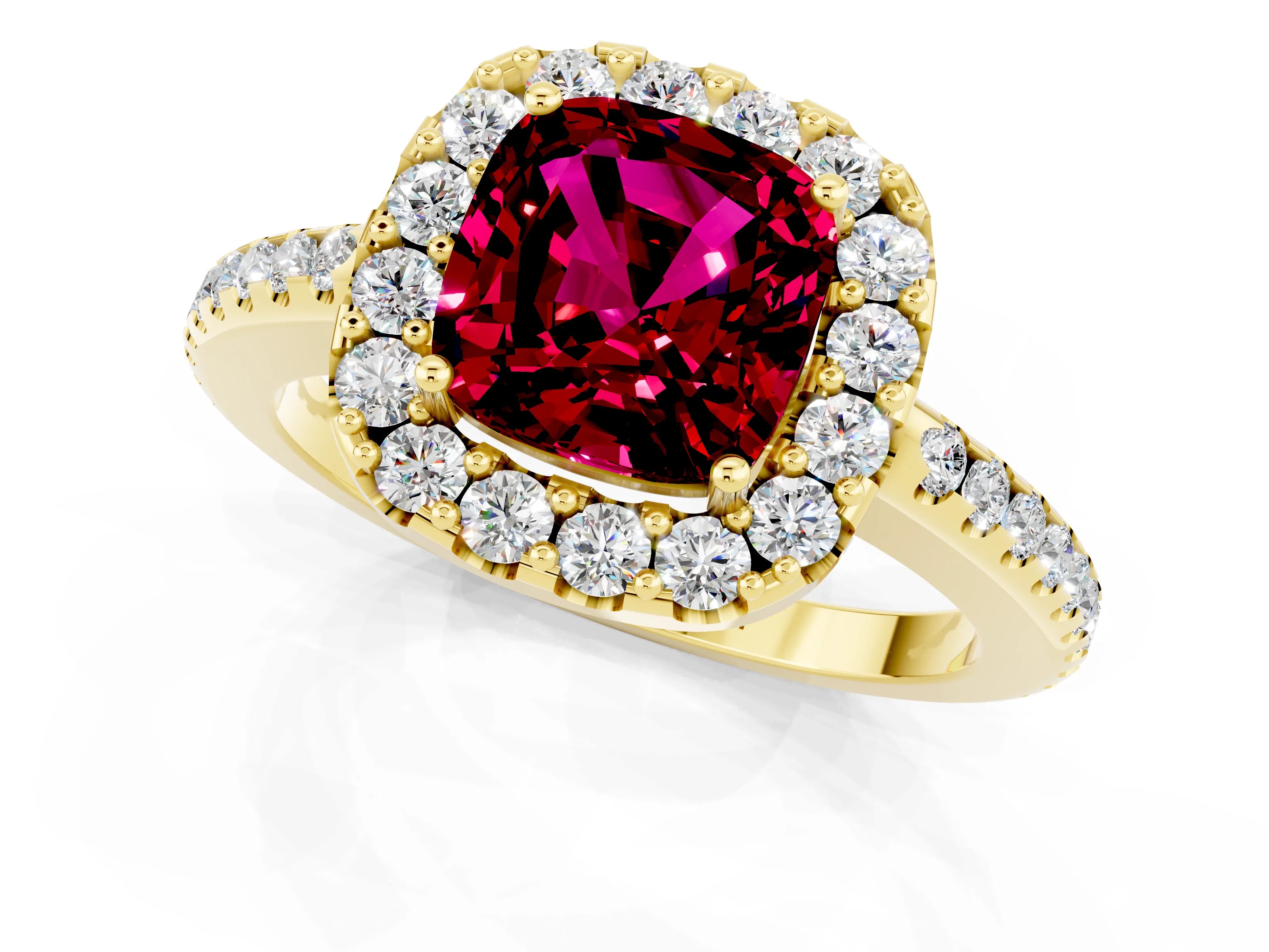 Yellow gold Cushion Cut Garnet Pavé Halo Ring with Four-Prong Setting_13