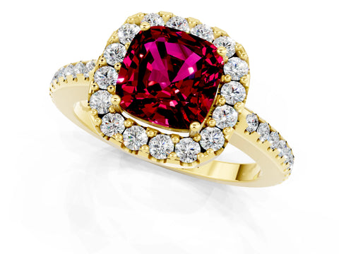 Yellow gold Cushion Cut Garnet Pavé Halo Ring with Four-Prong Setting_13