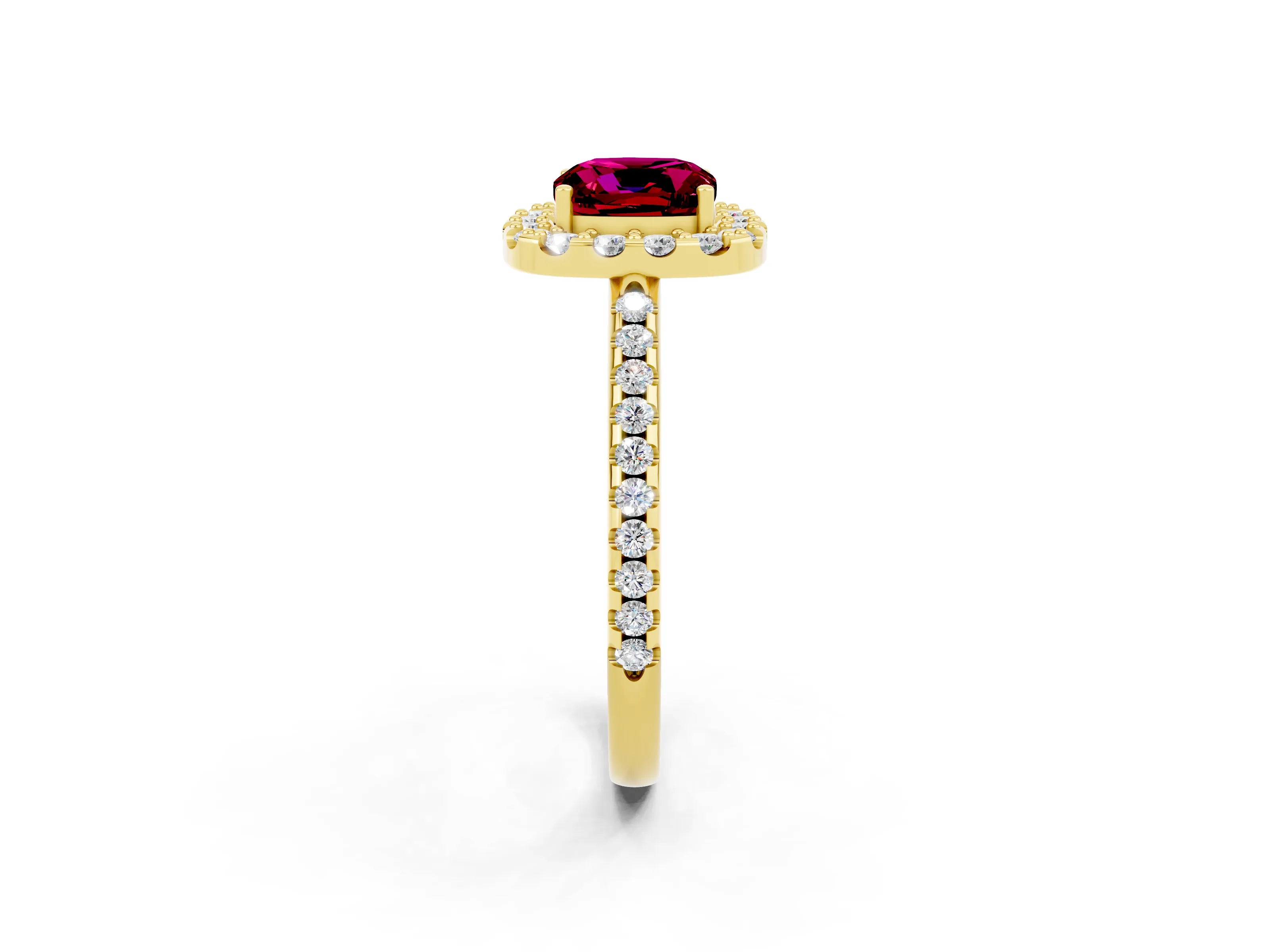 Yellow gold Cushion Cut Garnet Pavé Halo Ring with Four-Prong Setting_14