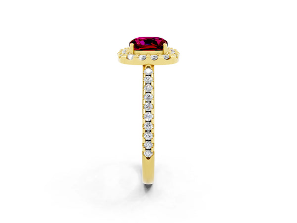Yellow gold Cushion Cut Garnet Pavé Halo Ring with Four-Prong Setting