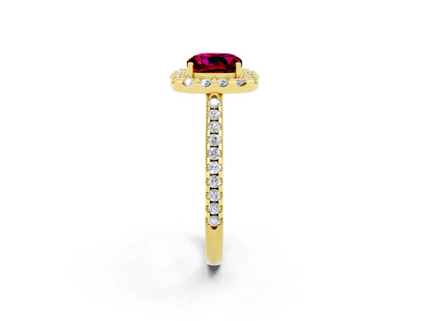 Yellow gold Cushion Cut Garnet Pavé Halo Ring with Four-Prong Setting_14