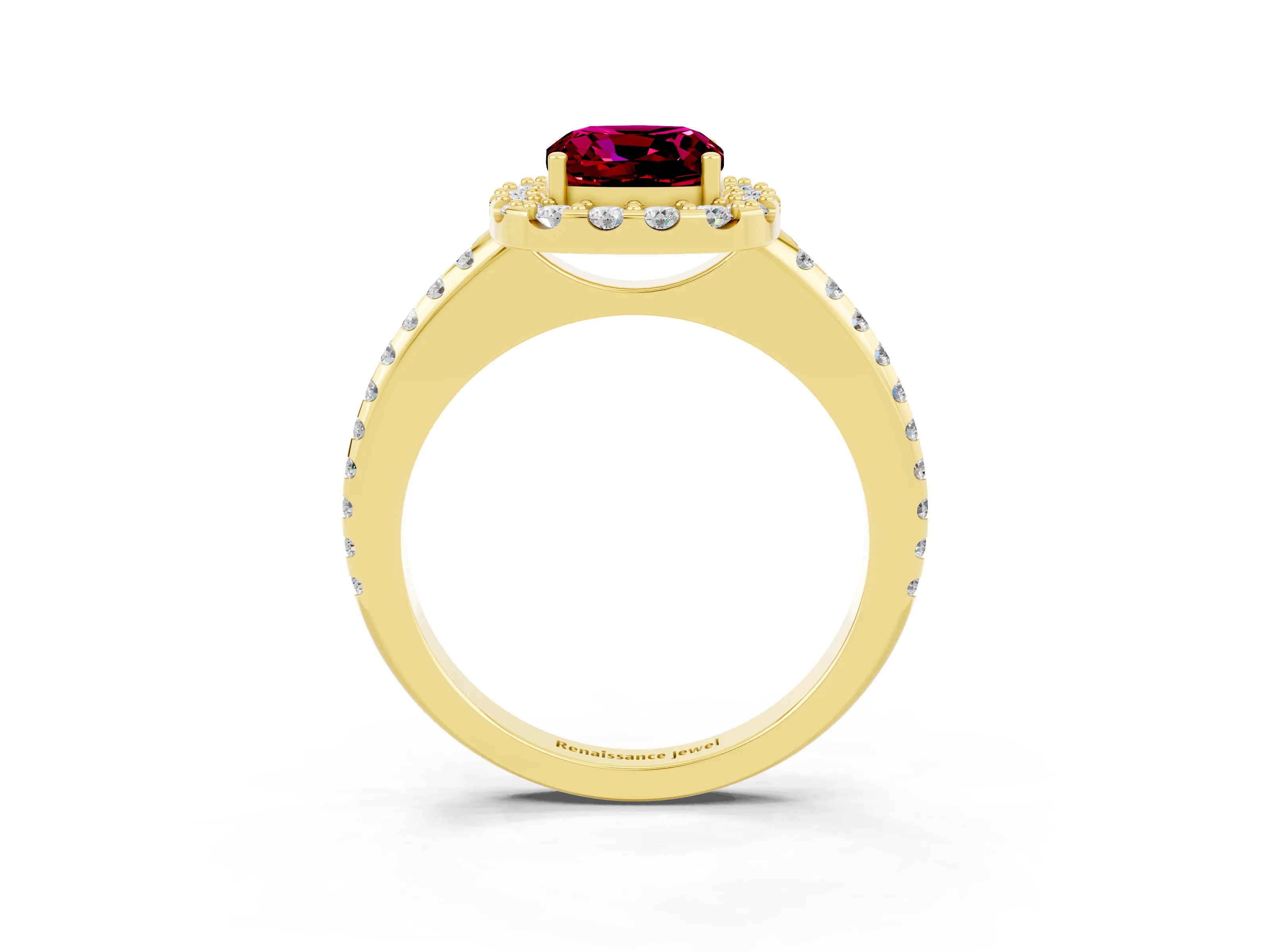 Yellow gold Cushion Cut Garnet Pavé Halo Ring with Four-Prong Setting_15