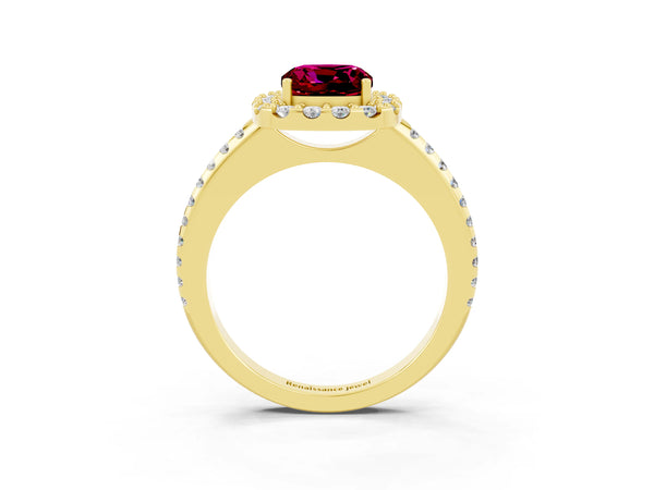 Yellow gold Cushion Cut Garnet Pavé Halo Ring with Four-Prong Setting