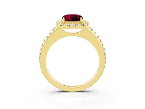 Yellow gold Cushion Cut Garnet Pavé Halo Ring with Four-Prong Setting_15