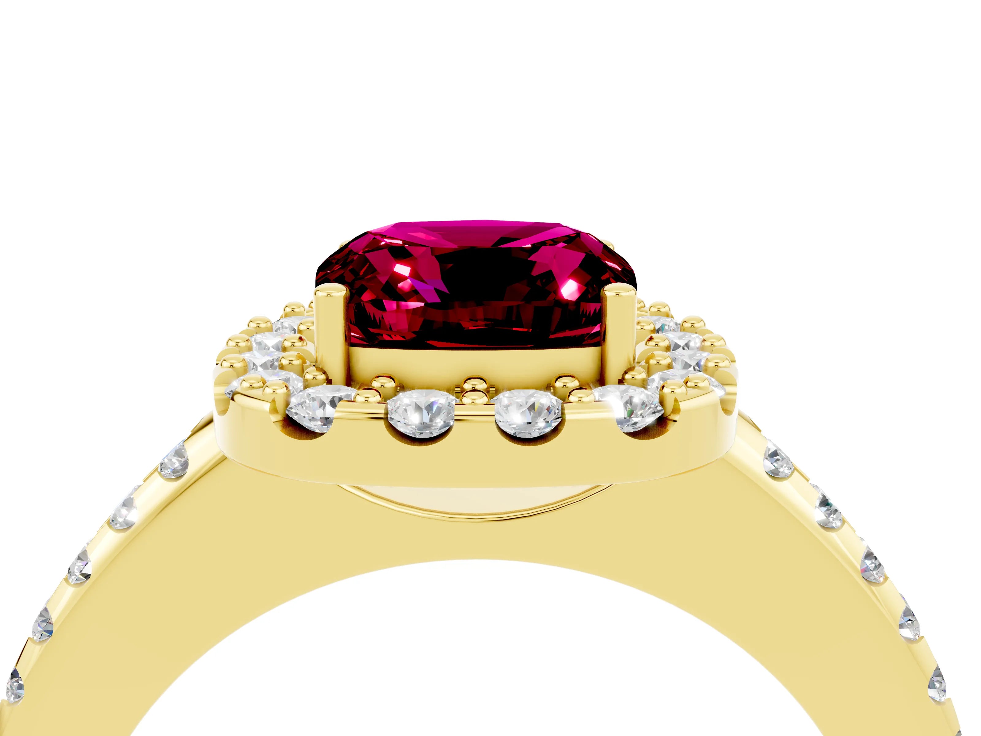 Yellow gold Cushion Cut Garnet Pavé Halo Ring with Four-Prong Setting_16
