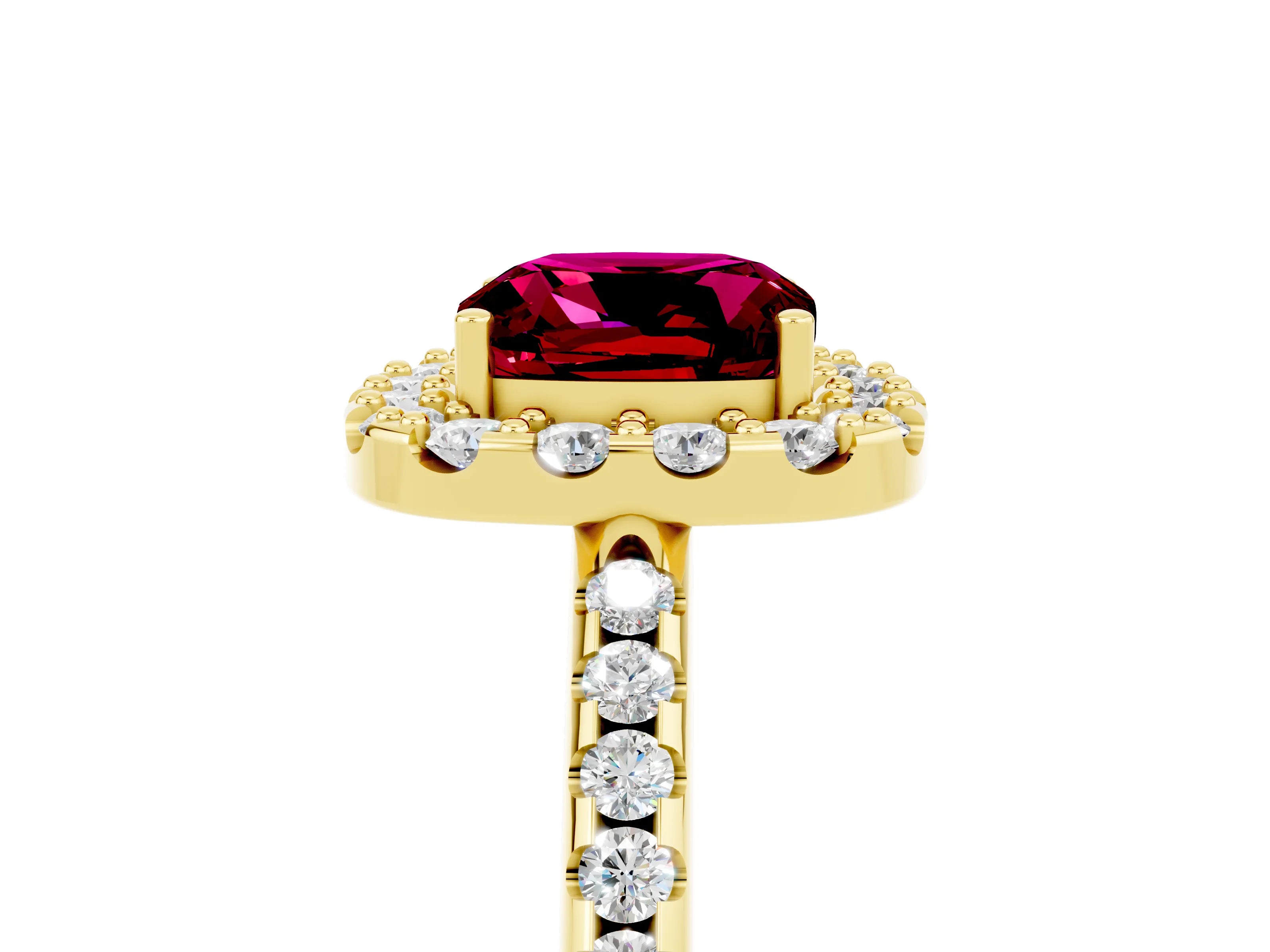 Yellow gold Cushion Cut Garnet Pavé Halo Ring with Four-Prong Setting_17