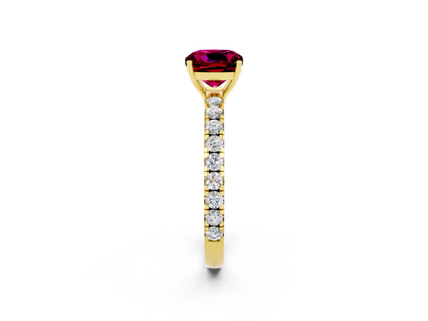 Yellow gold Cushion Cut Garnet Pavé Solitaire Engagement Ring with Four-Prong Setting