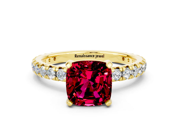 Yellow gold Cushion Cut Garnet Pavé Solitaire Ring with Round Band and Prong Setting