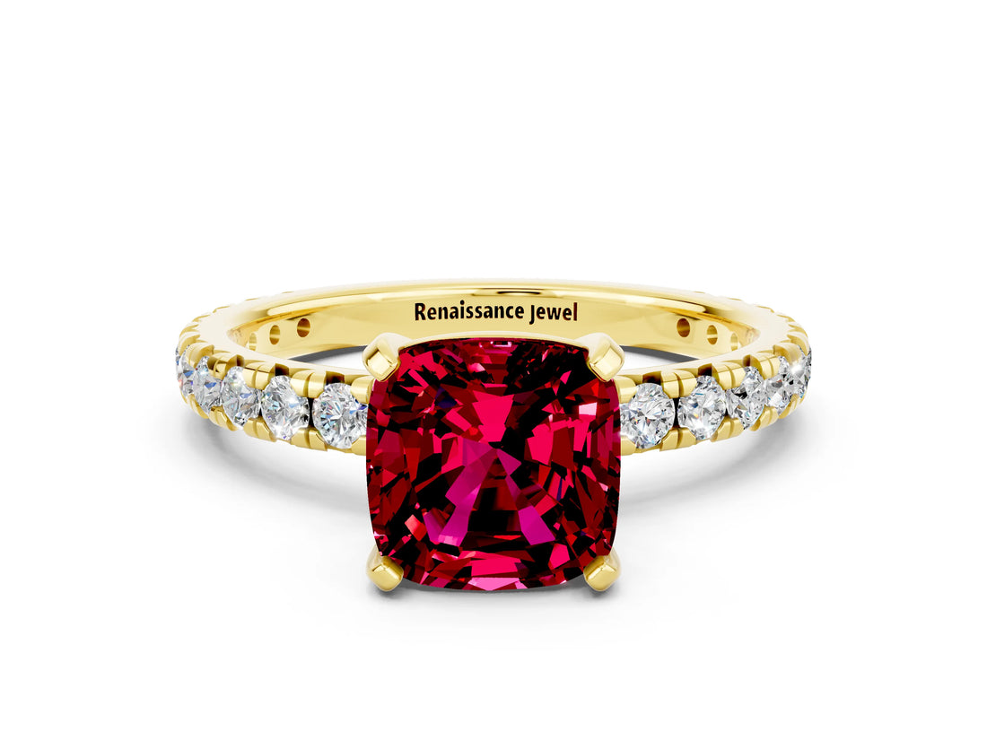 Yellow gold Cushion Cut Garnet Pavé Solitaire Ring with Round Band and Prong Setting_24