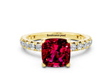 Yellow gold Cushion Cut Garnet Pavé Solitaire Ring with Round Band and Prong Setting_24