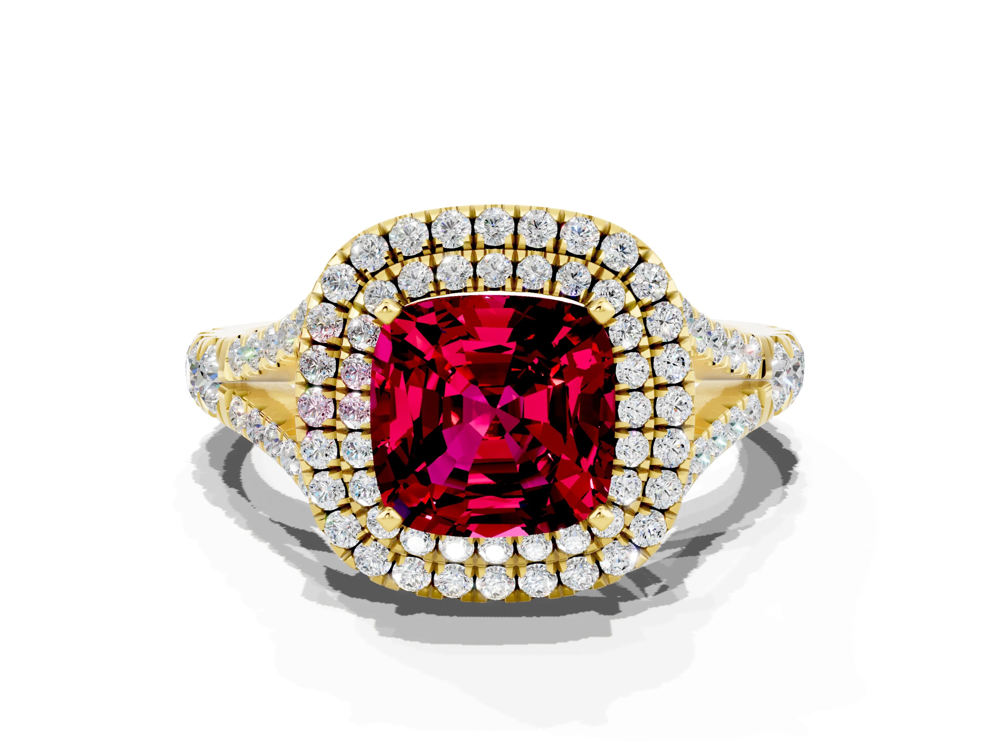 Yellow gold Cushion Cut Garnet Pavé Split Shank Double Halo Engagement Ring