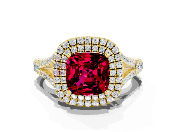 Yellow gold Cushion Cut Garnet Pavé Split Shank Double Halo Engagement Ring