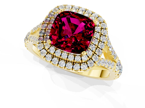 Yellow gold Cushion Cut Garnet Pavé Split Shank Double Halo Engagement Ring_1