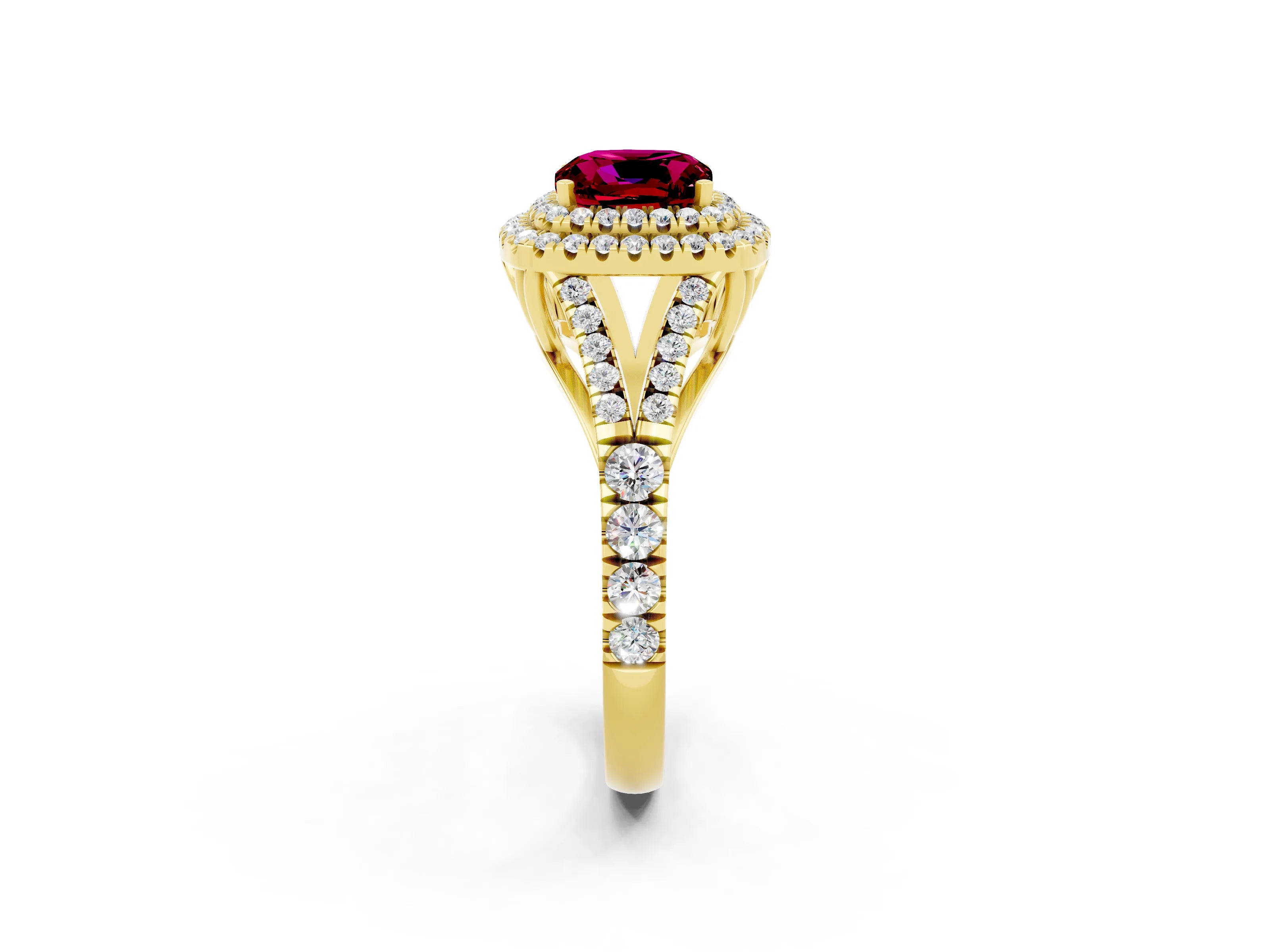 Yellow gold Cushion Cut Garnet Pavé Split Shank Double Halo Engagement Ring_2
