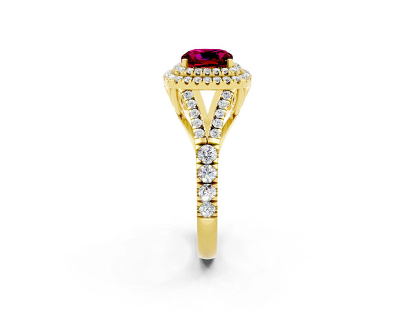 Yellow gold Cushion Cut Garnet Pavé Split Shank Double Halo Engagement Ring