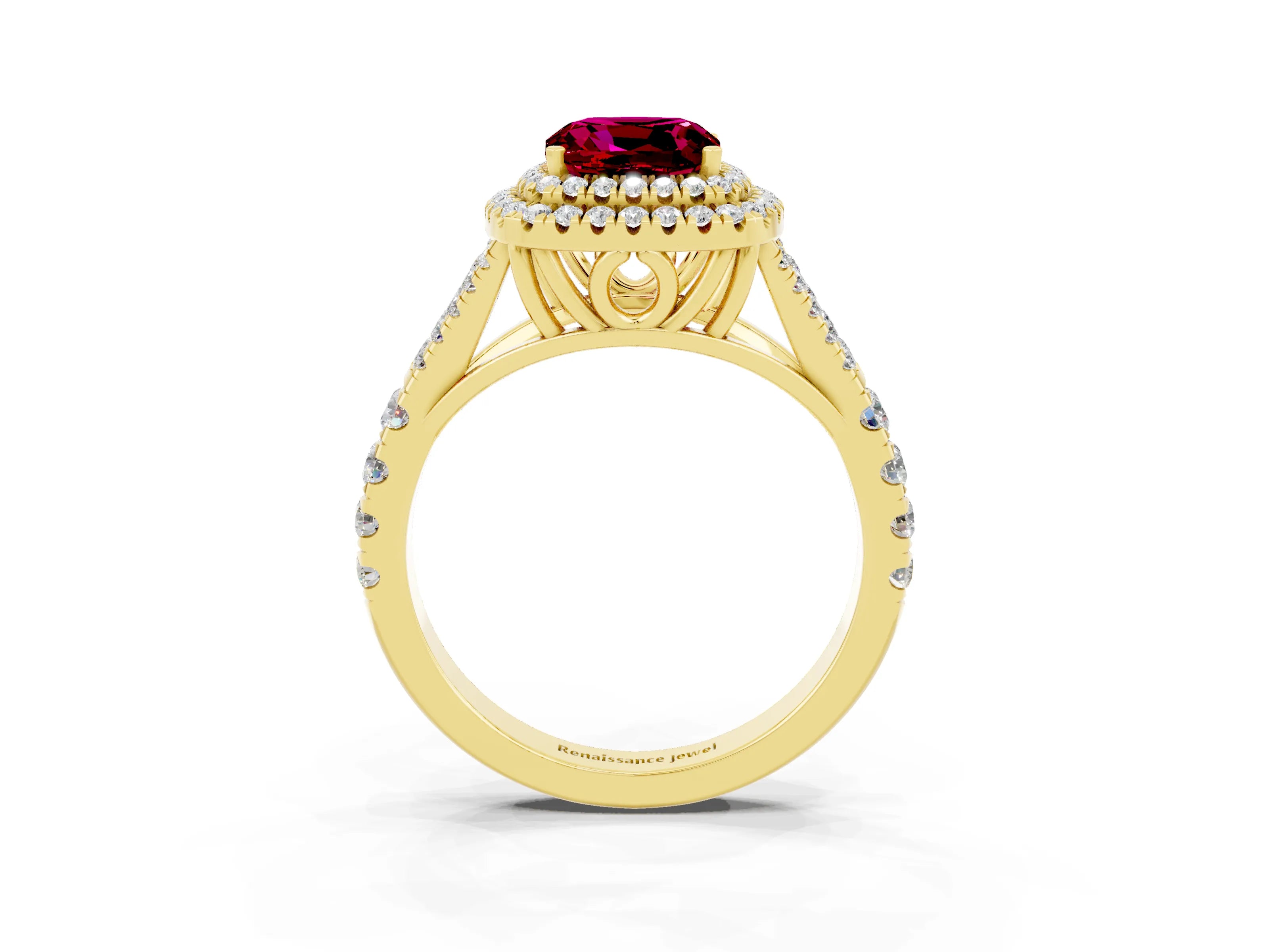 Yellow gold Cushion Cut Garnet Pavé Split Shank Double Halo Engagement Ring_3