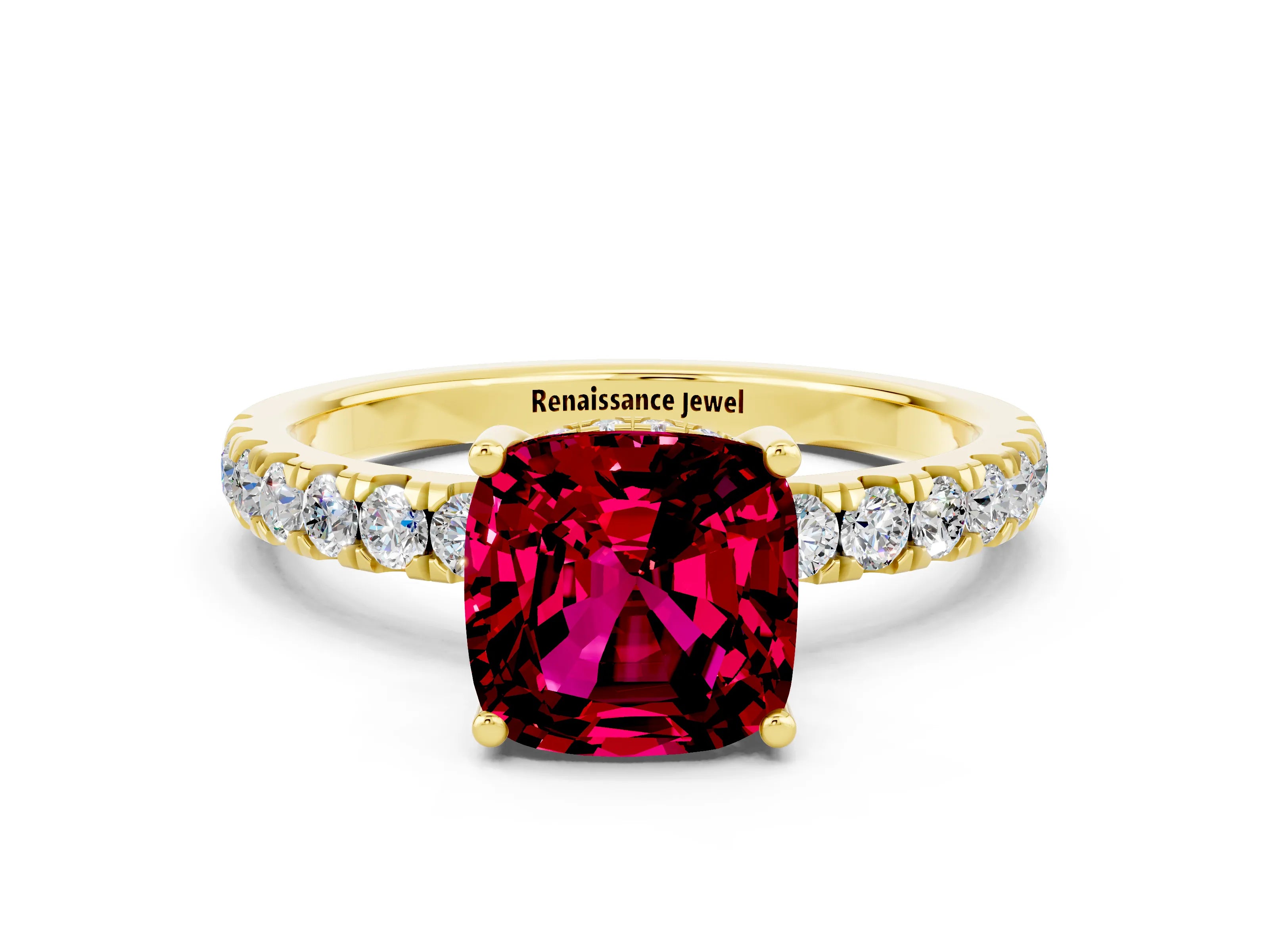Yellow gold Cushion Cut Garnet Pave Band Solitaire Ring with Four-Prong Setting_24