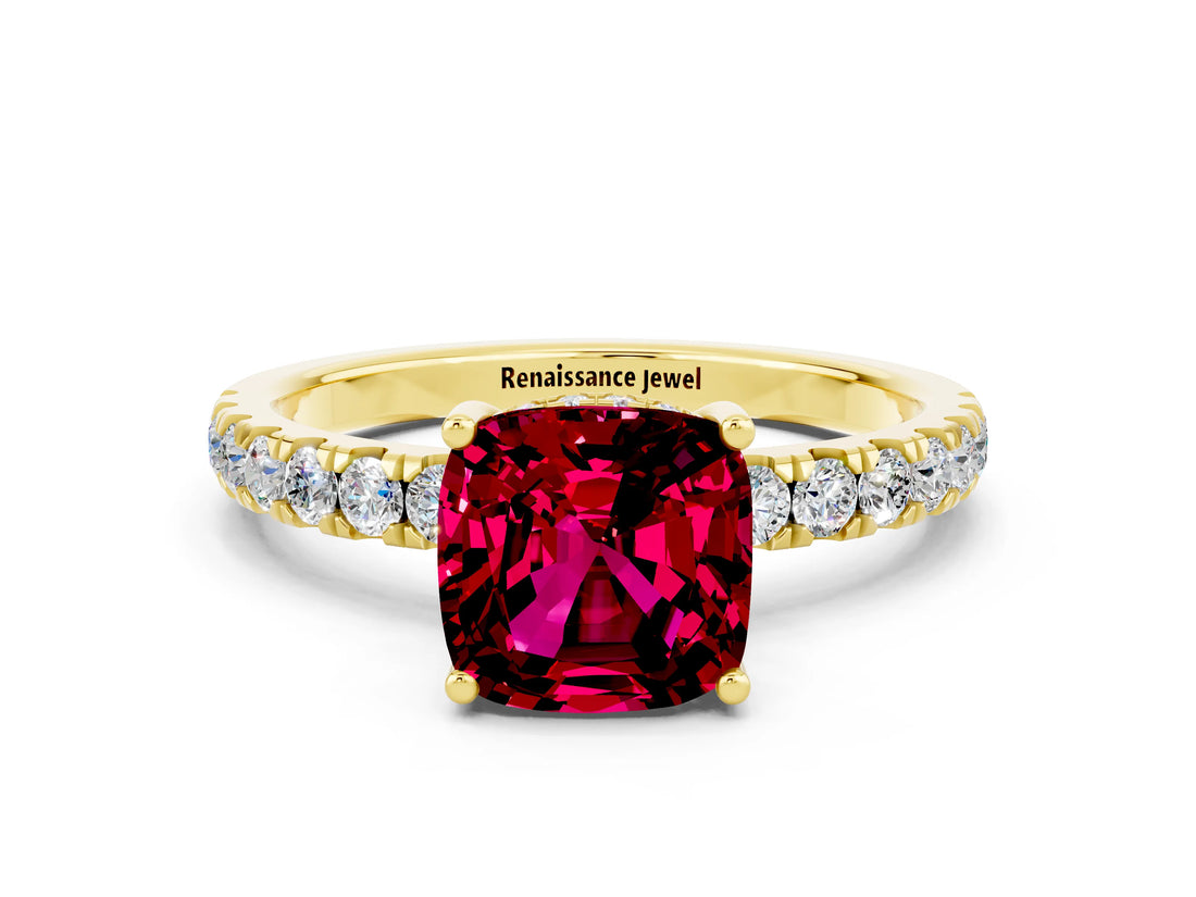 Yellow gold Cushion Cut Garnet Pave Band Solitaire Ring with Four-Prong Setting_24