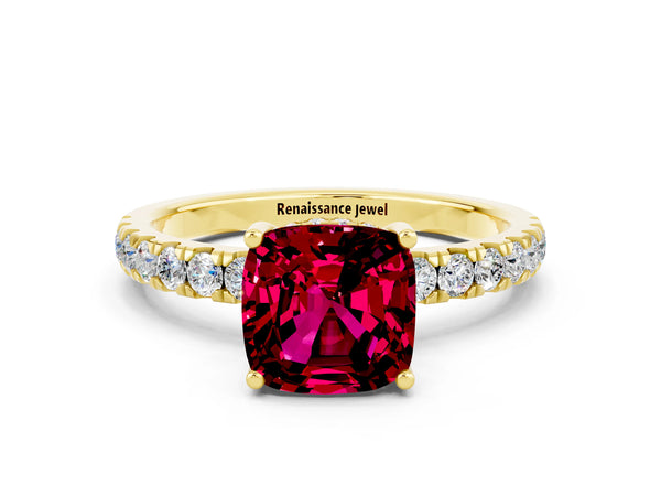 Yellow gold Cushion Cut Garnet Pave Band Solitaire Ring with Round  and Prong Setting