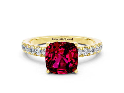Yellow gold Cushion Cut Garnet Pave Band Solitaire Ring with Four-Prong Setting_24