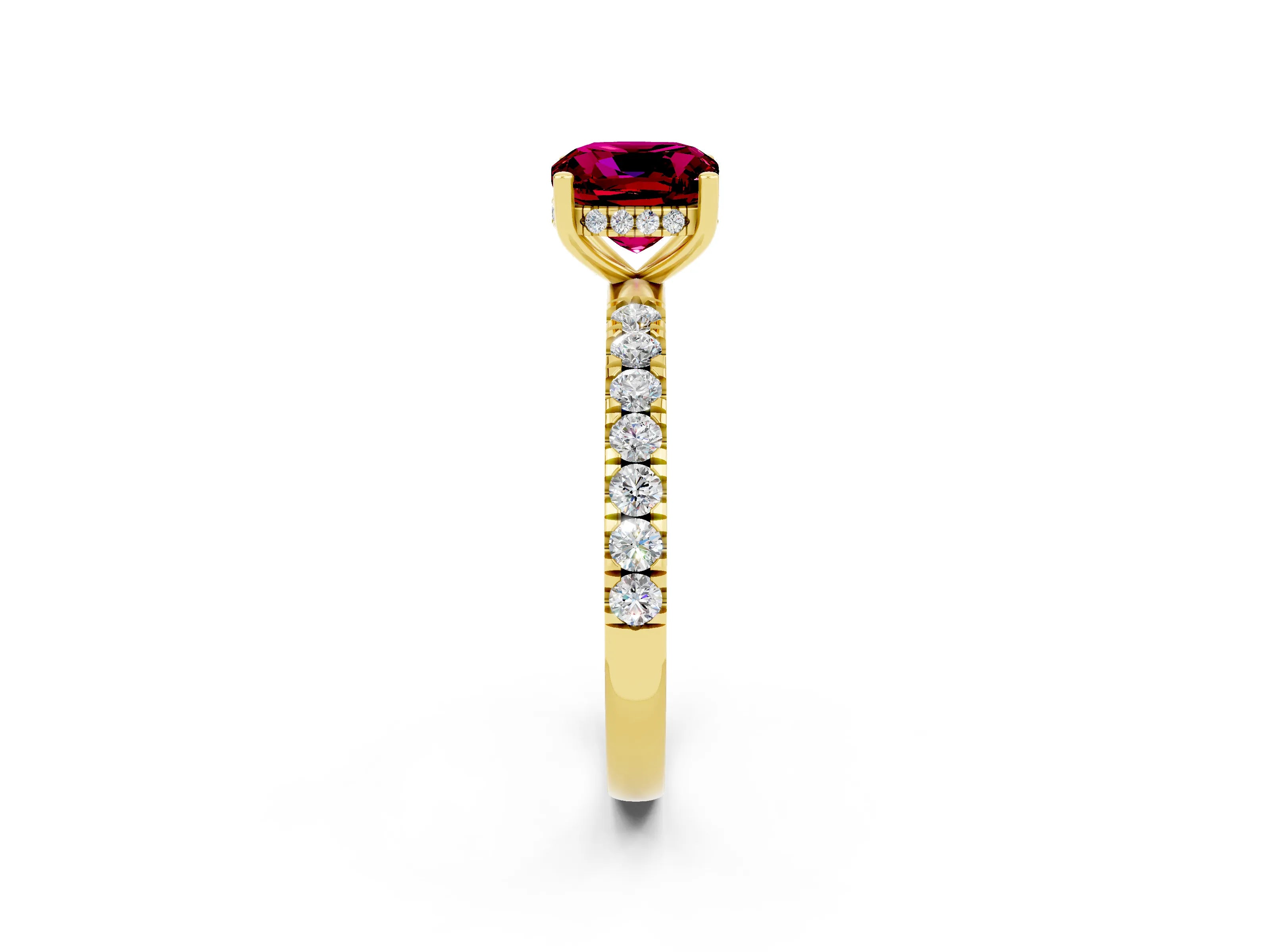 Yellow gold Cushion Cut Garnet Pave Band Solitaire Ring with Four-Prong Setting_26
