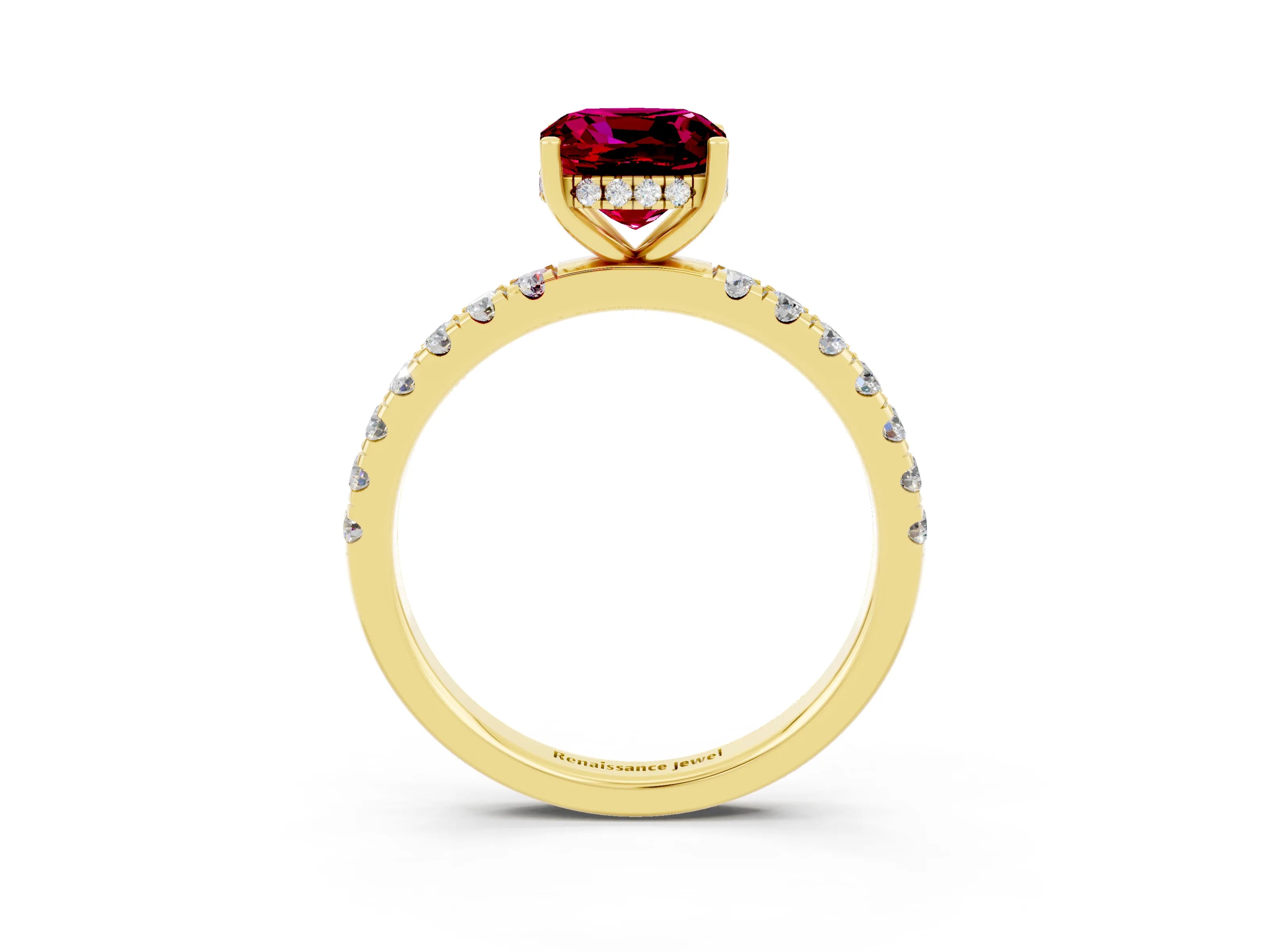 Yellow gold Cushion Cut Garnet Pave Band Solitaire Ring with Four-Prong Setting_27