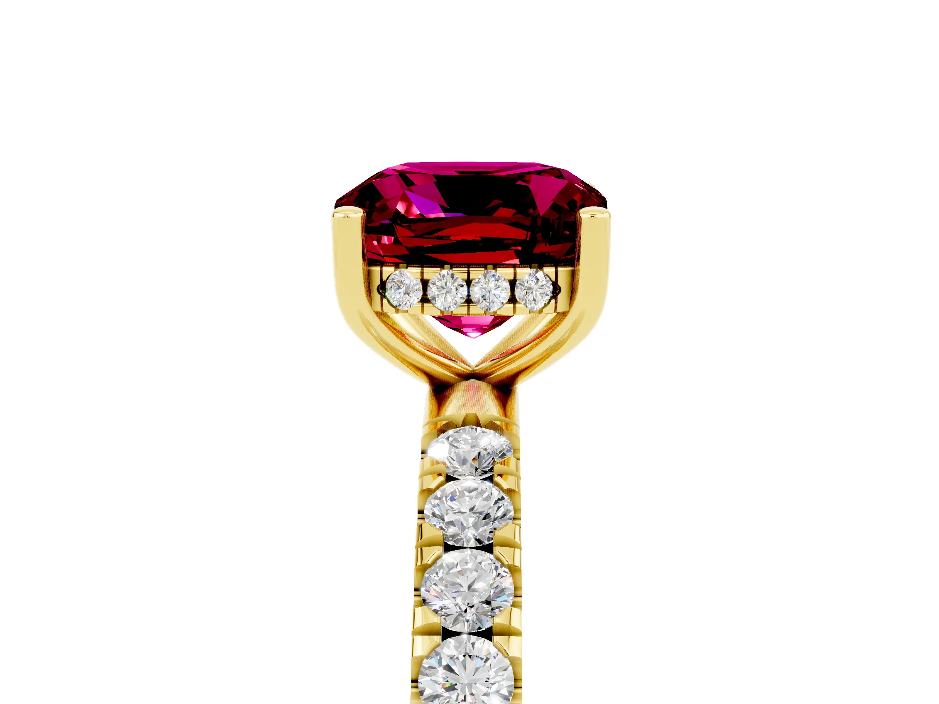Yellow gold Cushion Cut Garnet Pave Band Solitaire Ring with Four-Prong Setting_29