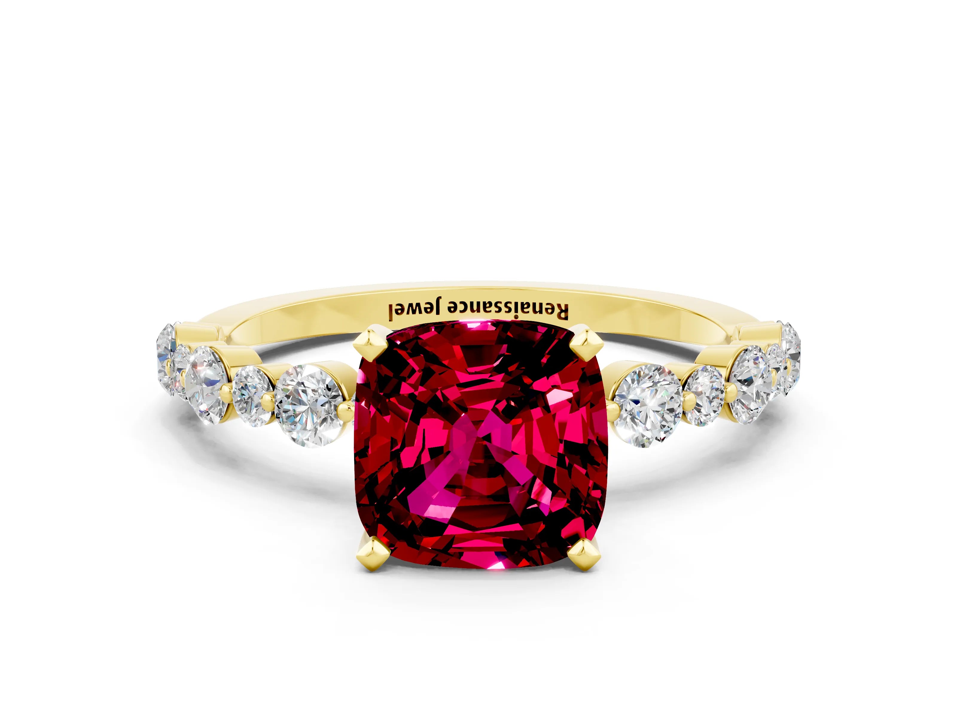 Yellow gold Cushion Cut Garnet Prong Set Engagement Ring with Pavé Band