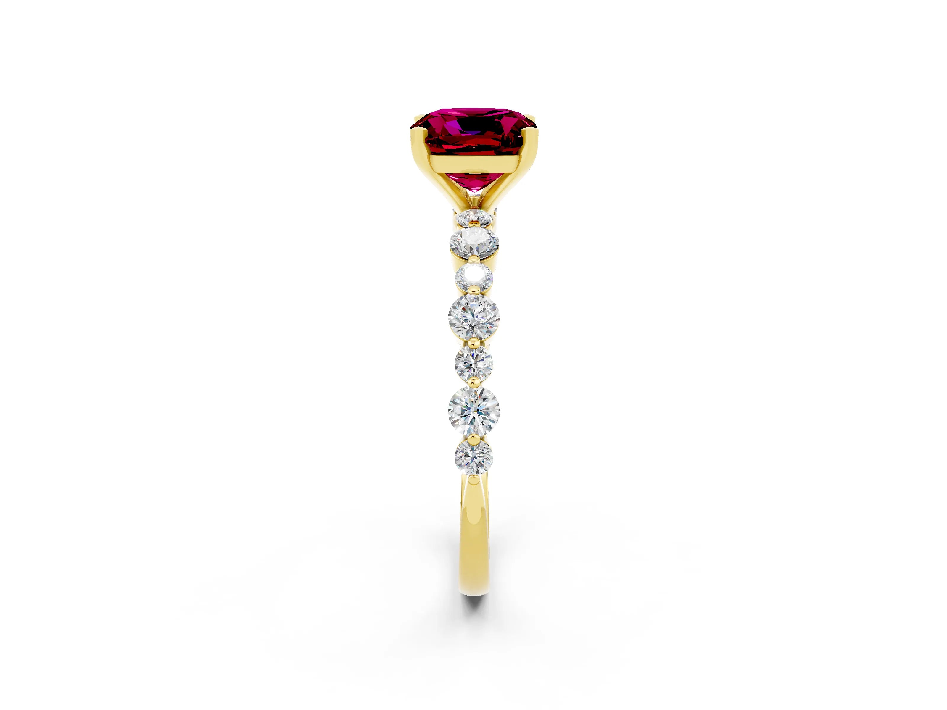 Yellow gold Cushion Cut Garnet Prong Set Engagement Ring with Pavé Band_2