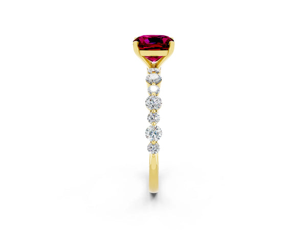 Yellow gold Cushion Cut Garnet Prong Set Engagement Ring with Pavé Band