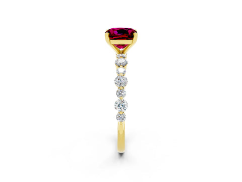 Yellow gold Cushion Cut Garnet Prong Set Engagement Ring with Pavé Band_2