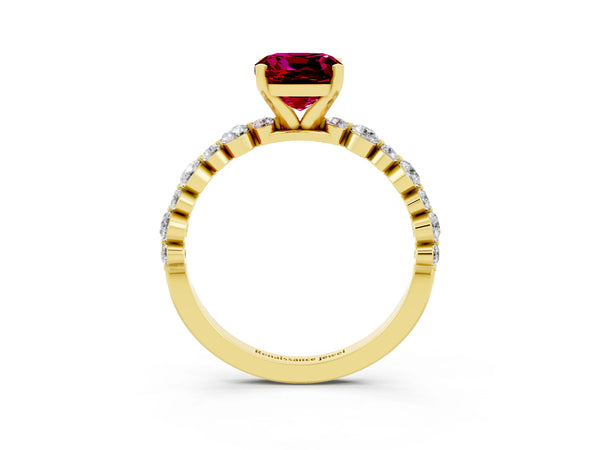 Yellow gold Cushion Cut Garnet Prong Set Engagement Ring with Pavé Band