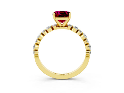 Yellow gold Cushion Cut Garnet Prong Set Engagement Ring with Pavé Band_3