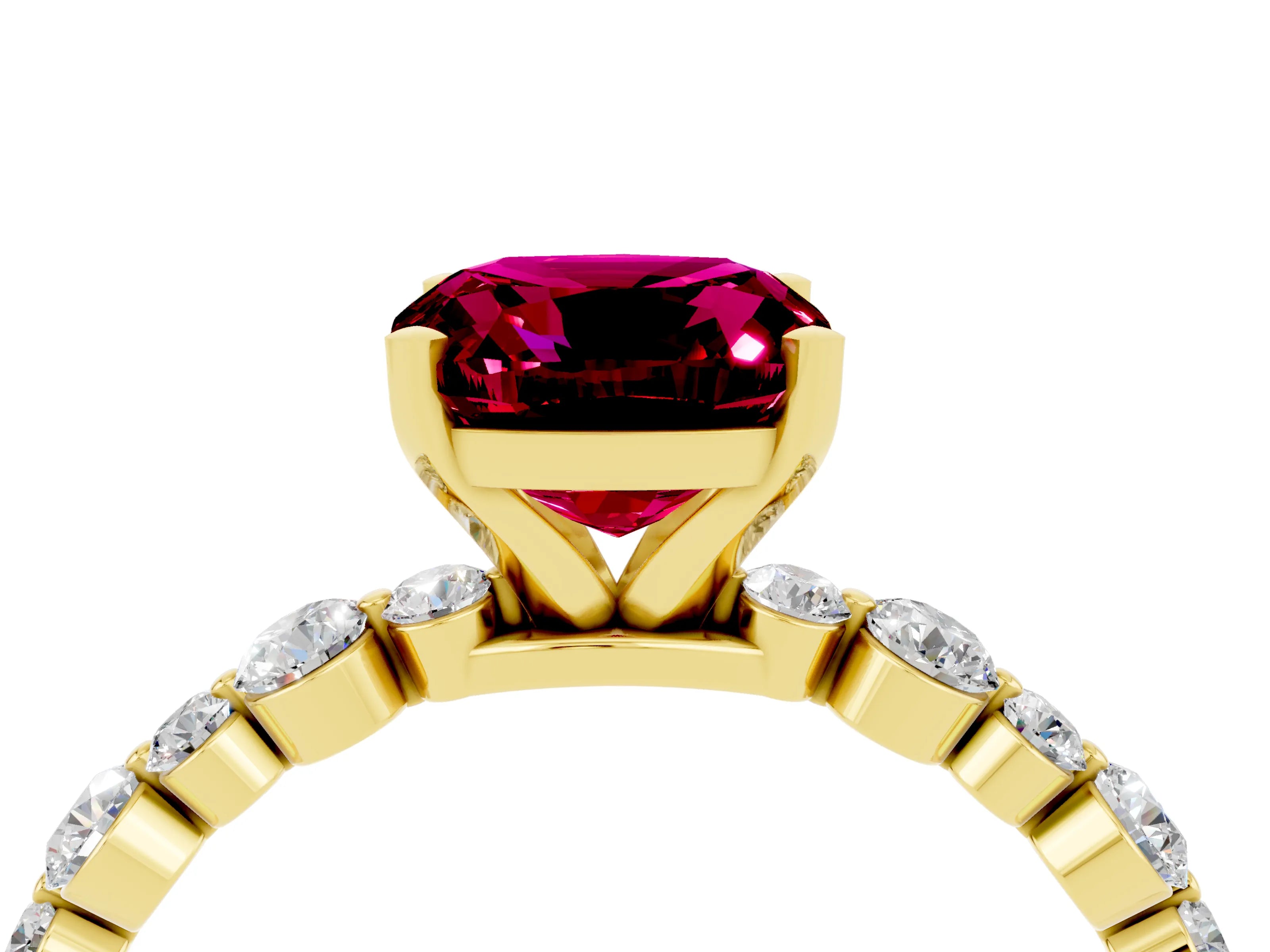 Yellow gold Cushion Cut Garnet Prong Set Engagement Ring with Pavé Band_4