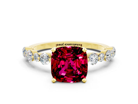 Yellow gold Cushion Cut Garnet Prong Set Engagement Ring with Pavé Band