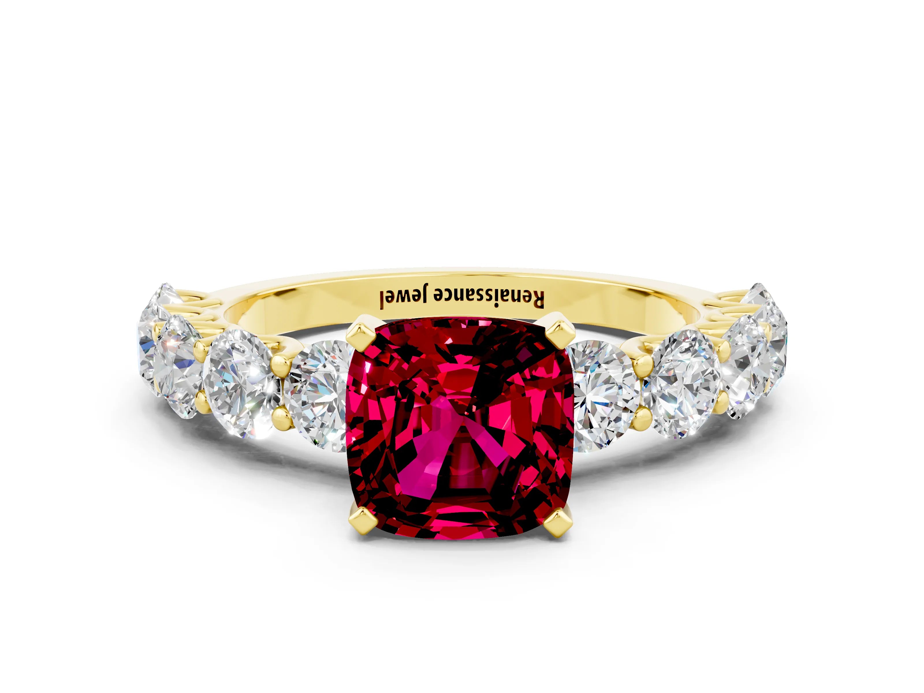 Yellow gold Cushion Cut Garnet Prong Setting with Side Stones on a Pave Band
