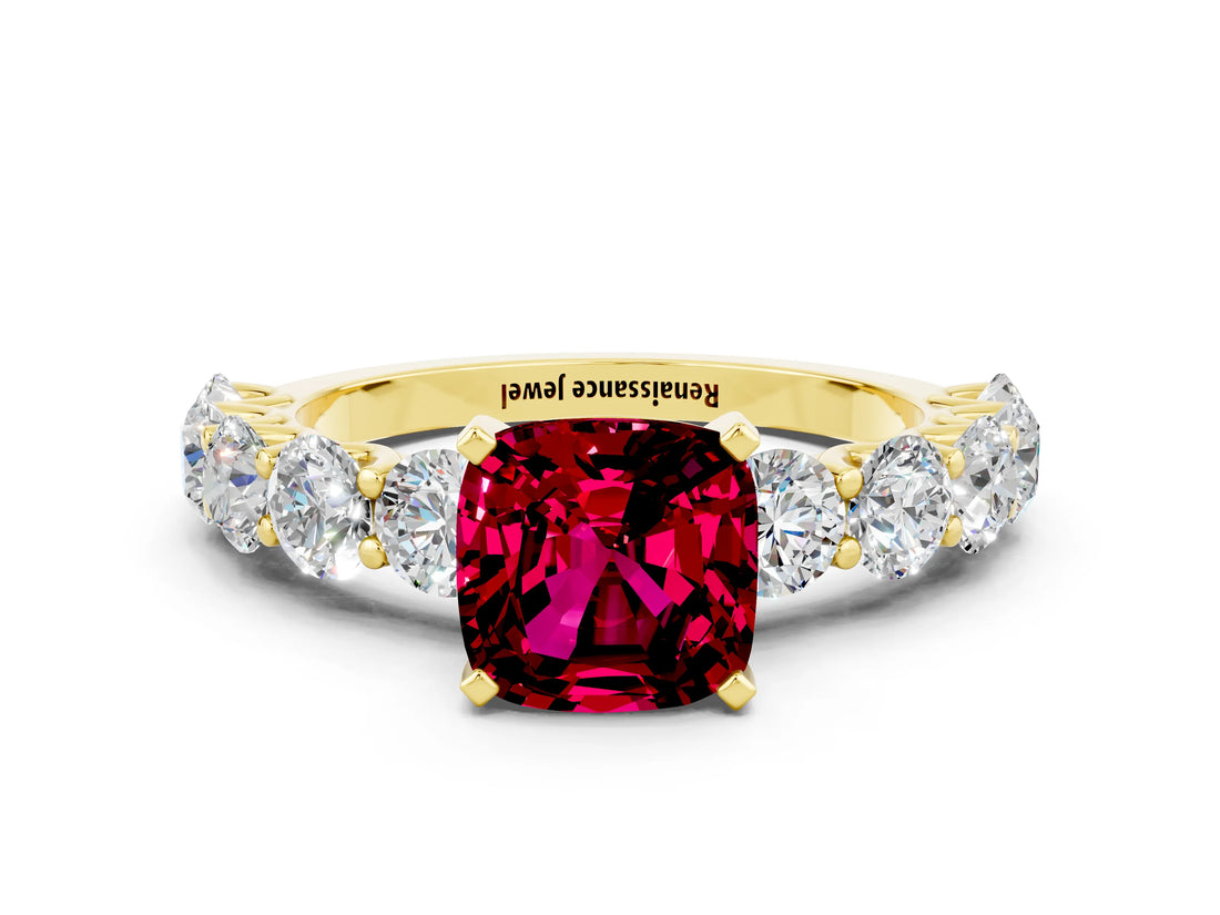 Yellow gold Cushion Cut Garnet Prong Setting with Side Stones on a Pave Band