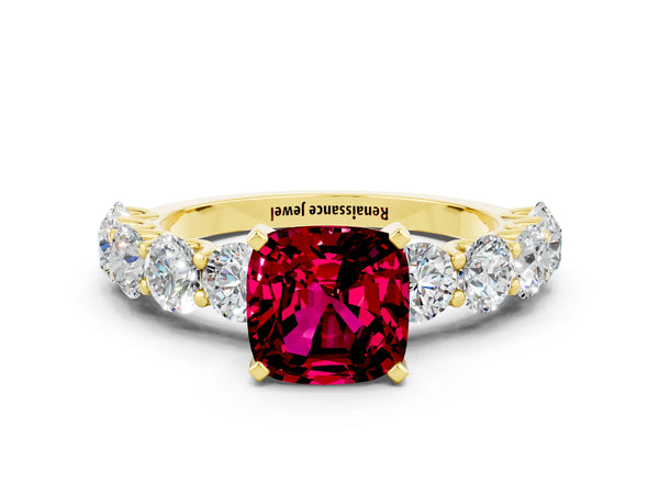 Yellow gold Cushion Cut Garnet Prong Setting with Side Stones on a Pave Band