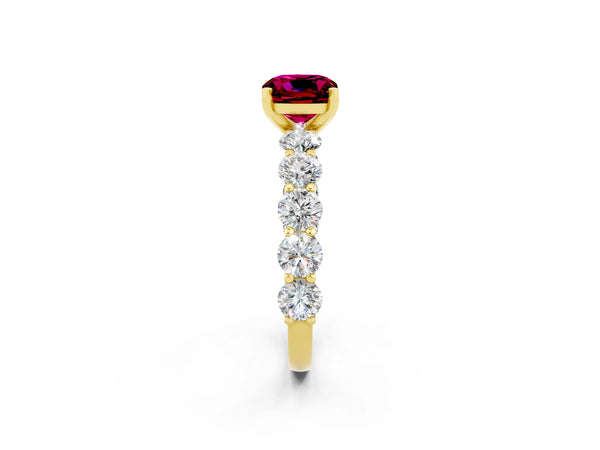 Yellow gold Cushion Cut Garnet Prong Setting with Side Stones on a Pave Band