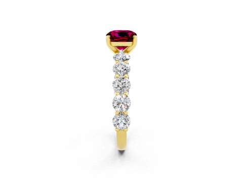 Yellow gold Cushion Cut Garnet Prong Setting with Side Stones on a Pave Band_2