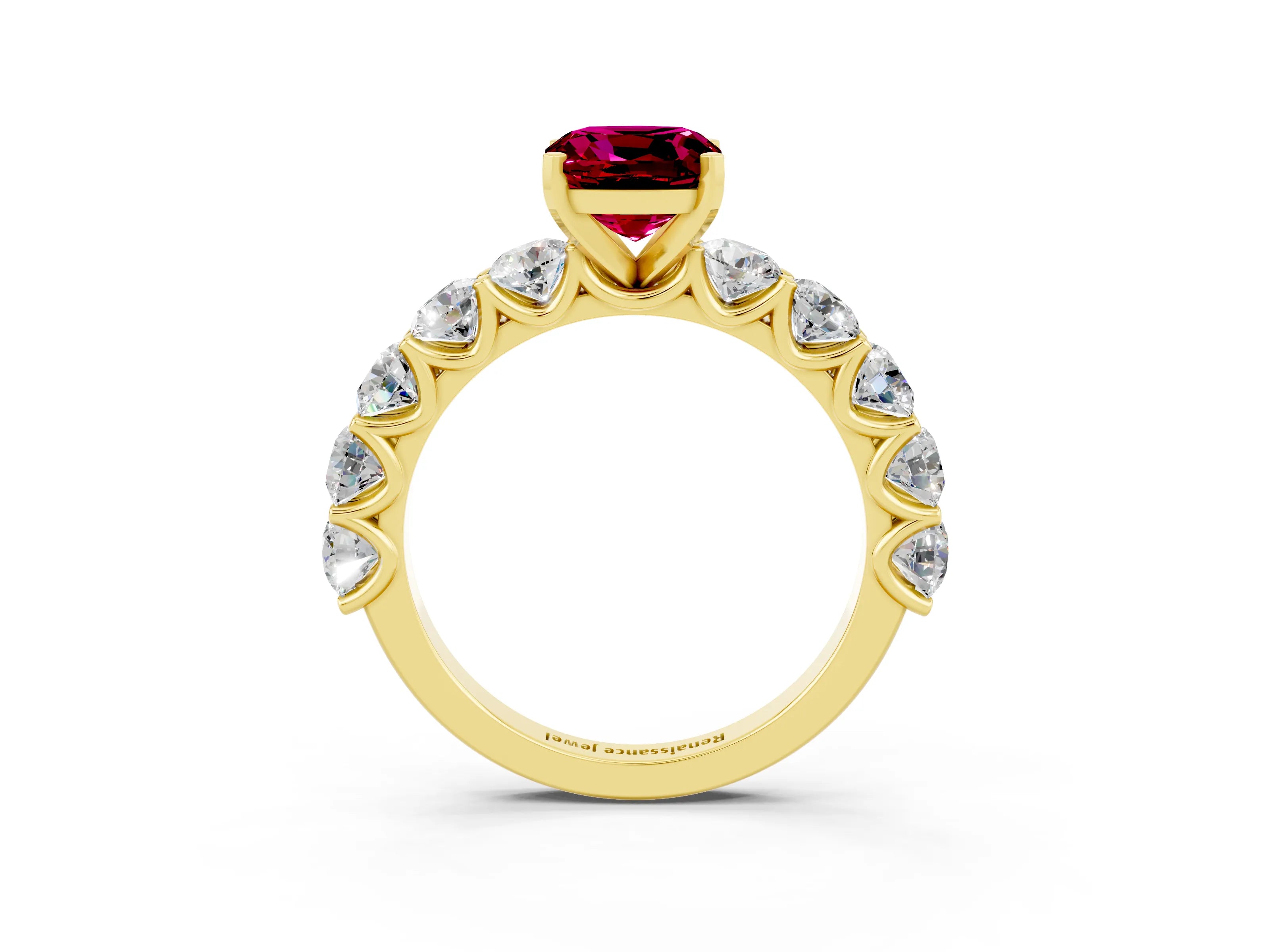 Yellow gold Cushion Cut Garnet Prong Setting with Side Stones on a Pave Band_3